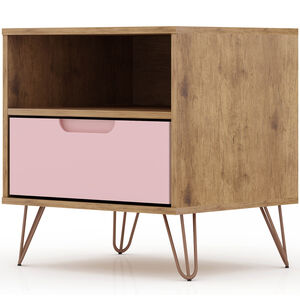 Manhattan Comfort Rockefeller Mid-Century Modern 1-Drawer Nightstand Rose Pink, Pink, hires