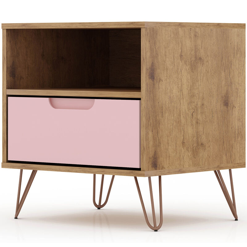 Manhattan Comfort Rockefeller Mid-Century Modern 1-Drawer Nightstand Rose Pink, Pink, hires