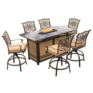 Hanover Traditions 7-Piece 69" Rectangle Fire Pit Bar Height Dining Set with Swivel Chairs - Tan, , hires