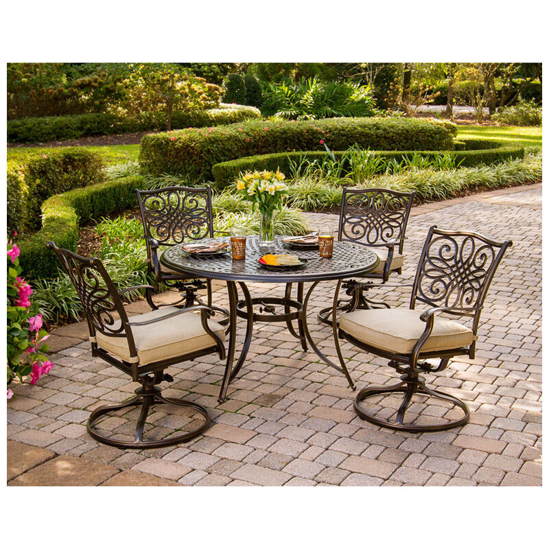 Hanover Traditions 5-Piece 48" Round Cast Top Dining Set with Swivel Rocker Chairs - Tan, , hires