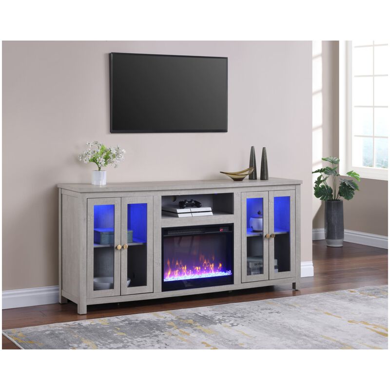 Lilola Ellington 70"W Light Gray Finish Fireplace TV Stand Console with Heater, LED Light, Cabinets, Shelves, , hires