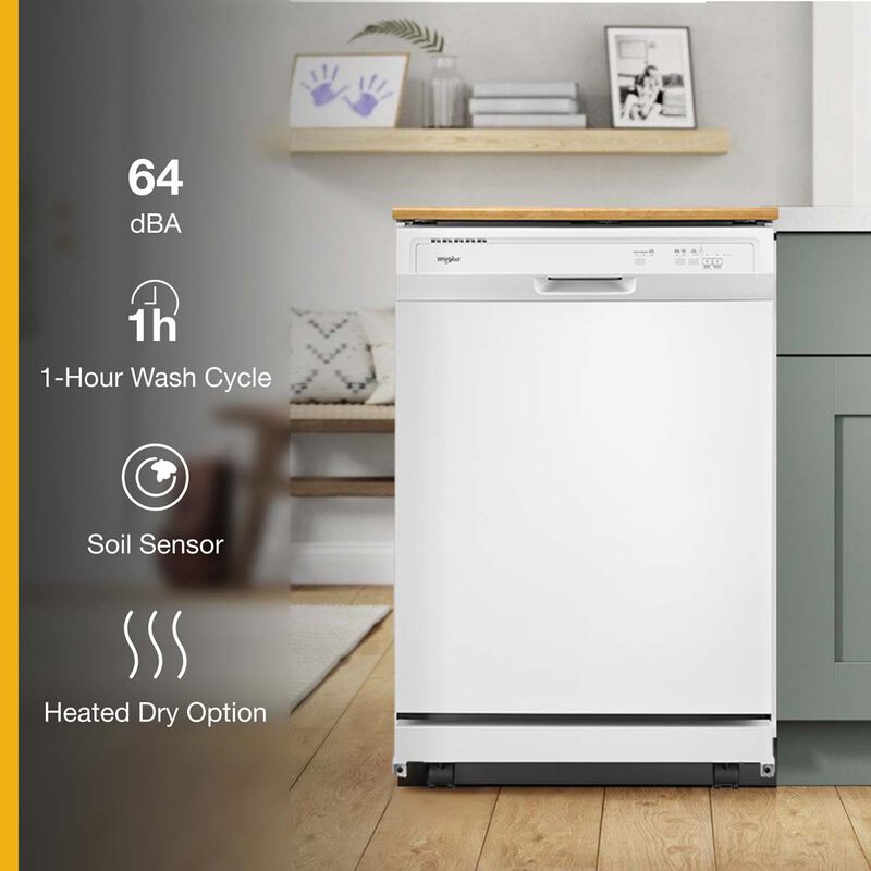 Whirlpool 24 in. Portable Dishwasher with Front Control, 64 dBA Sound  Level, 12 Place Settings, 3 Wash Cycles & Sanitize Cycle - White