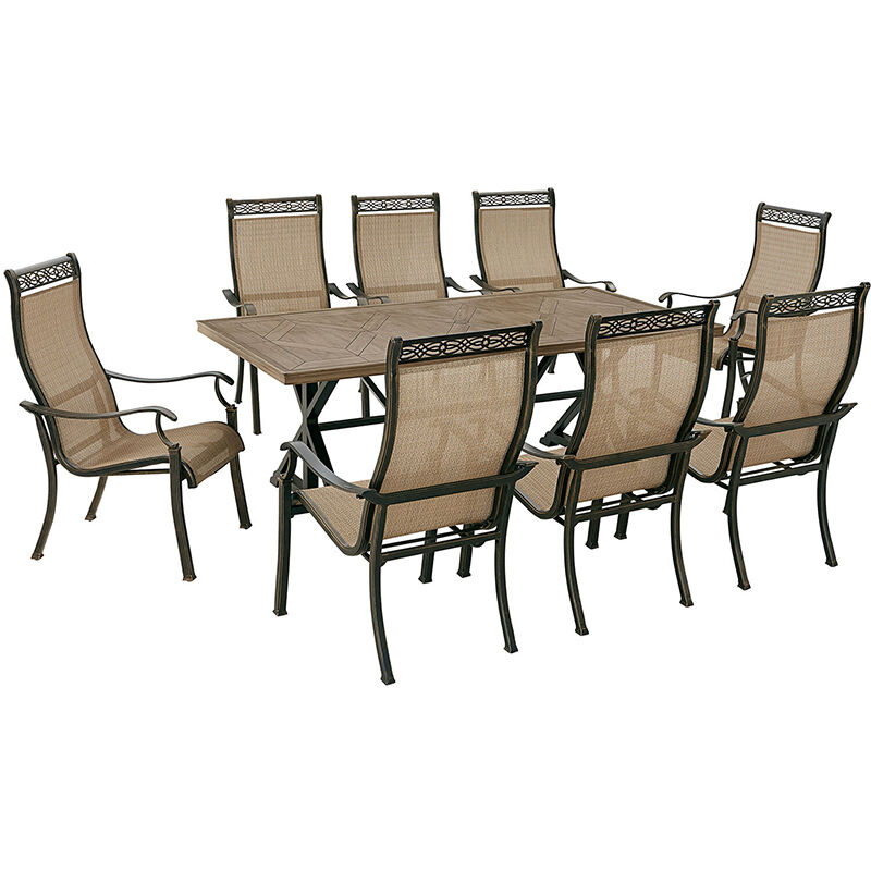 Hanover MANDN9PCSP Manor 9 Piece Set with Eight C-Spring Chairs and a 84 x 42 Cast-Top Dining Table Outdoor Furniture Tan 