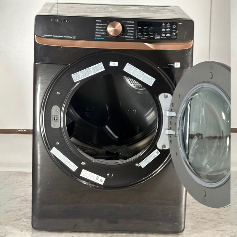 Samsung 27 in. 7.5 cu. ft. Smart Stackable Gas Dryer with Sanitize+, Steam Cycle & Sensor Dry - Brushed Black (Open Box Good Condition), , hires