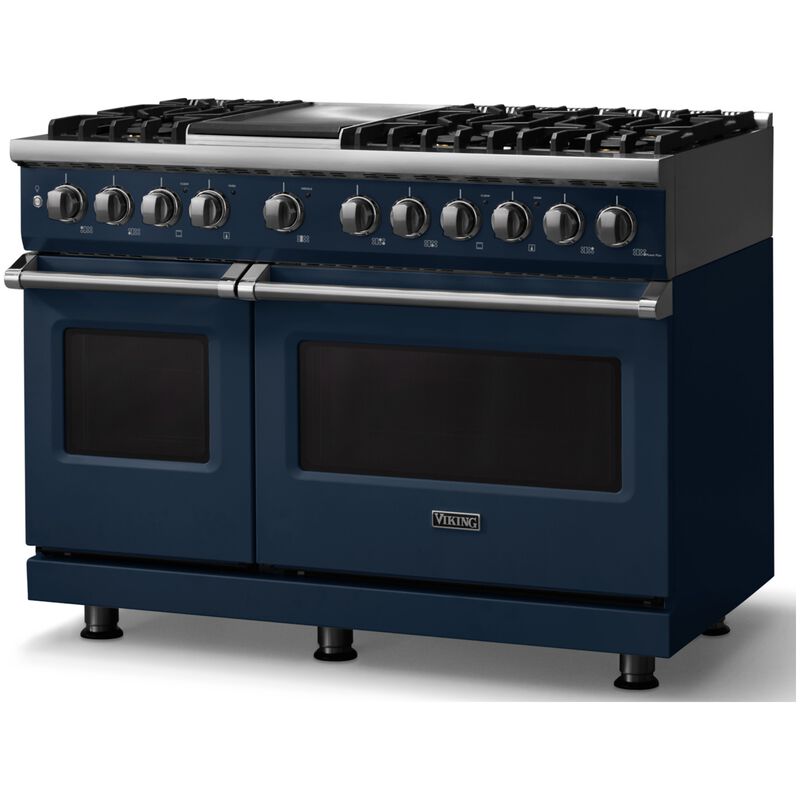 Viking 5 Series 48 in. 7.3 cu. ft. True European Convection Double Oven Dual Fuel Range with 6 Sealed Burners & Griddle - Slate Blue, , hires