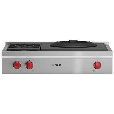 Wolf 36 in. 3-Burner LP Gas Rangetop with Simmer Burner & Power Burner - Stainless Steel | SRT362W-LP