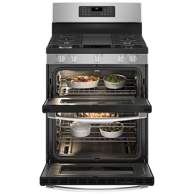 GE 30 in. 6.8 cu. ft. Air Fry True European Convection Double Oven Gas Range with 5 Sealed Burners & Griddle - Stainless Steel, Stainless Steel, hires