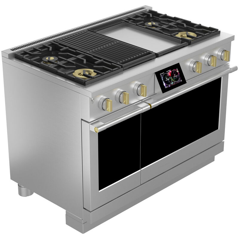 Monogram Statement Series 48 in. 8.2 cu. ft. Smart Air Fry True European Convection Double Oven Dual Fuel Range with 4 Sealed Burners, Grill & Griddle - Stainless Steel, , hires