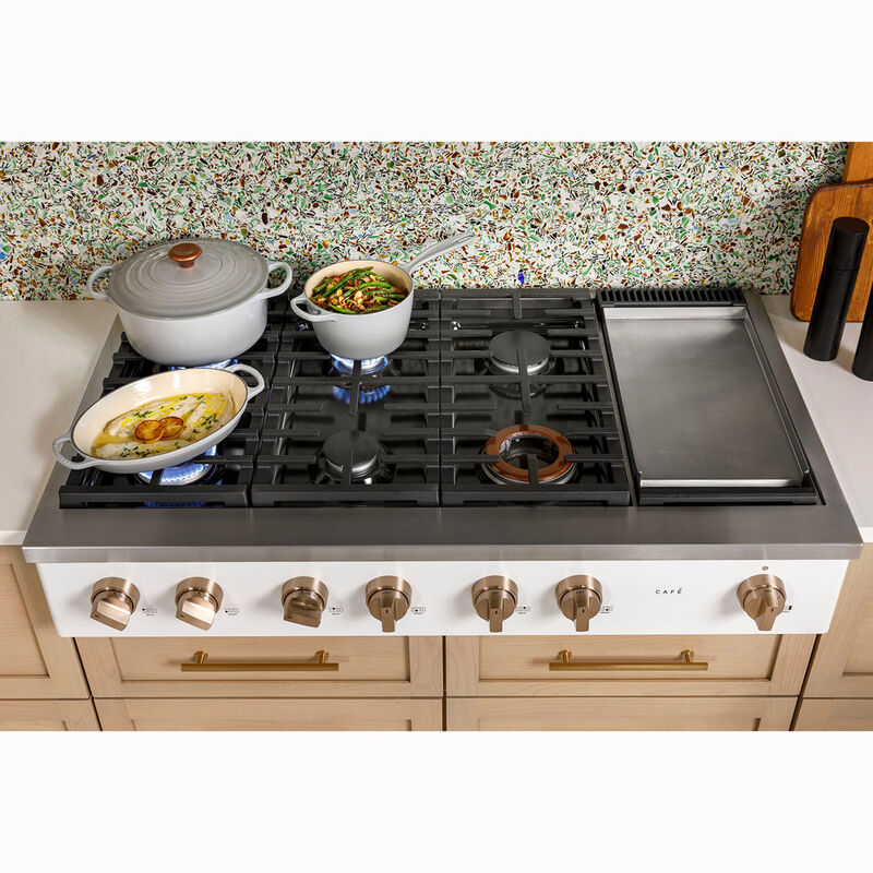 Cafe 48 in. 6-Burner Natural Gas Rangetop with Griddle, Simmer Burner & Power Burner - Matte White, Matte White, hires