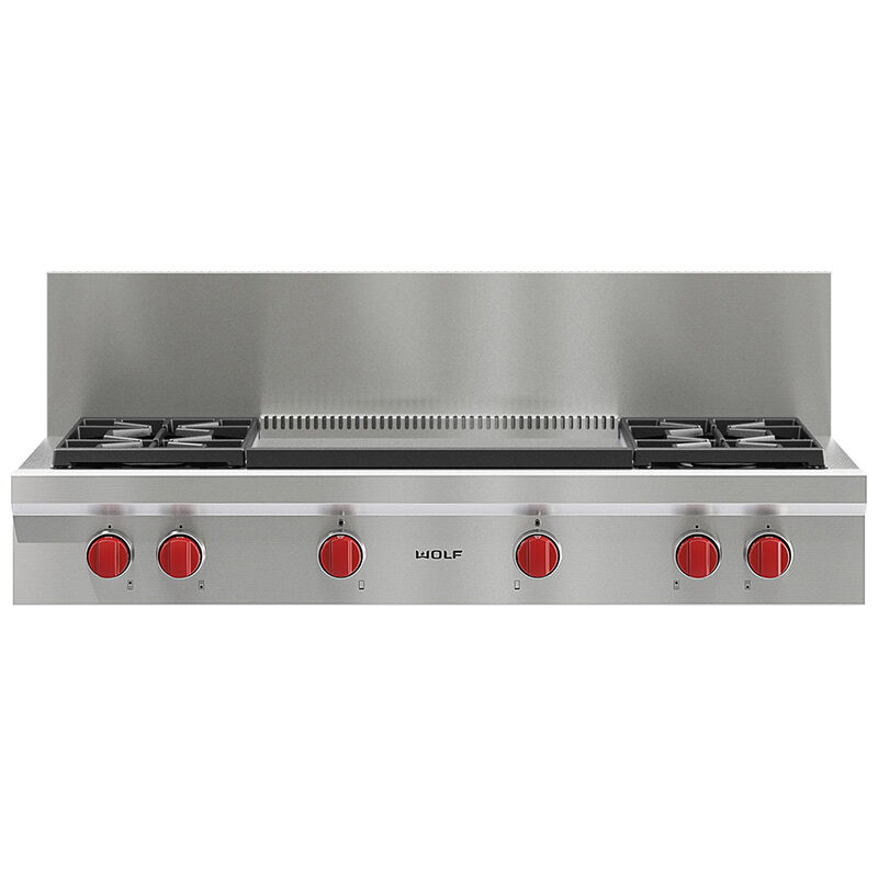 Wolf 48 in. 4-Burner LP Gas Rangetop with Griddle & Power Burner - Stainless Steel, , hires