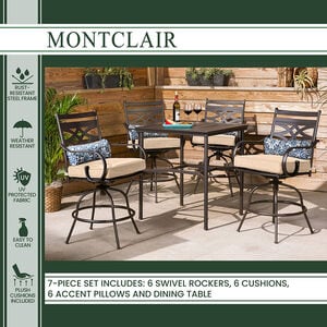 Hanover Montclair 7-Piece Dining Set with 6 Swivel Rockers - Tan/Brown, , hires