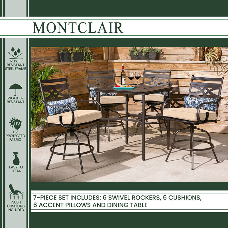 Hanover Montclair 7-Piece Dining Set with 6 Swivel Rockers - Tan/Brown, , hires
