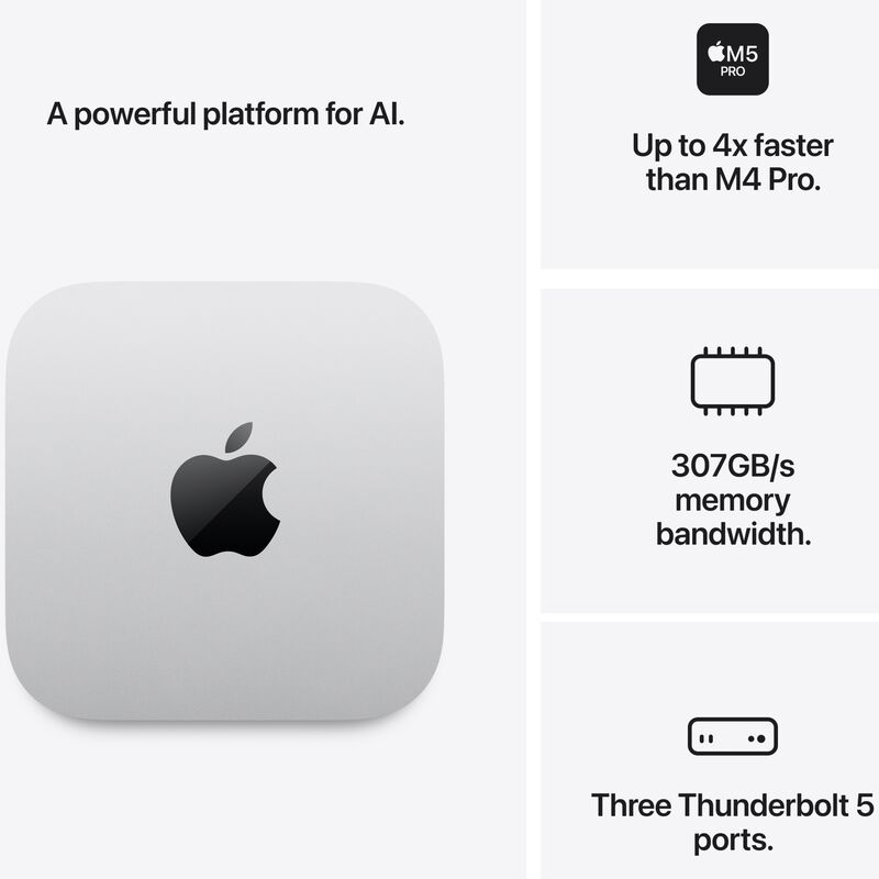 Apple Mac Mini with Apple M5 Pro 15-Core CPU, 16-Core GPU, 24 GB RAM, 512 GB SSD & Mac OS - Silver, , hires