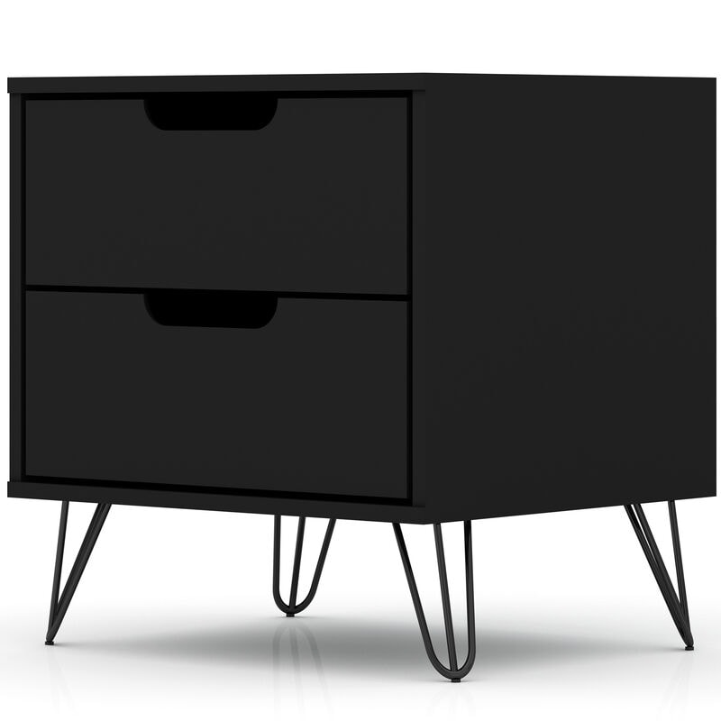 Manhattan Comfort Rockefeller Mid-Century Modern 2-Drawer Nightstand Black, Black, hires