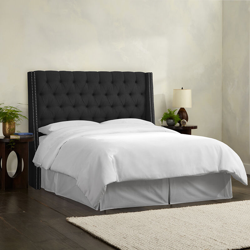 Skyline Queen Nail Button Tufted Wingback Headboard in Linen - Black, Black, hires