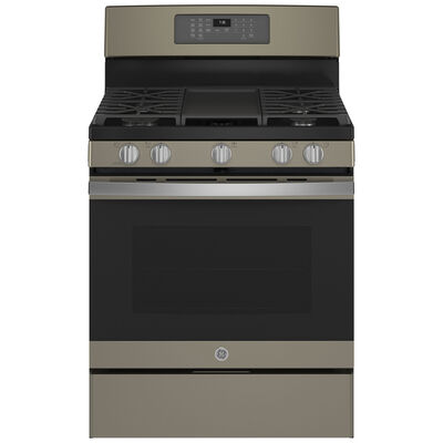 GE 30 in. 5.0 cu. ft. Air Fry Convection Oven Freestanding Gas Range with 5 Sealed Burners & Griddle - Slate | JGB735EPES