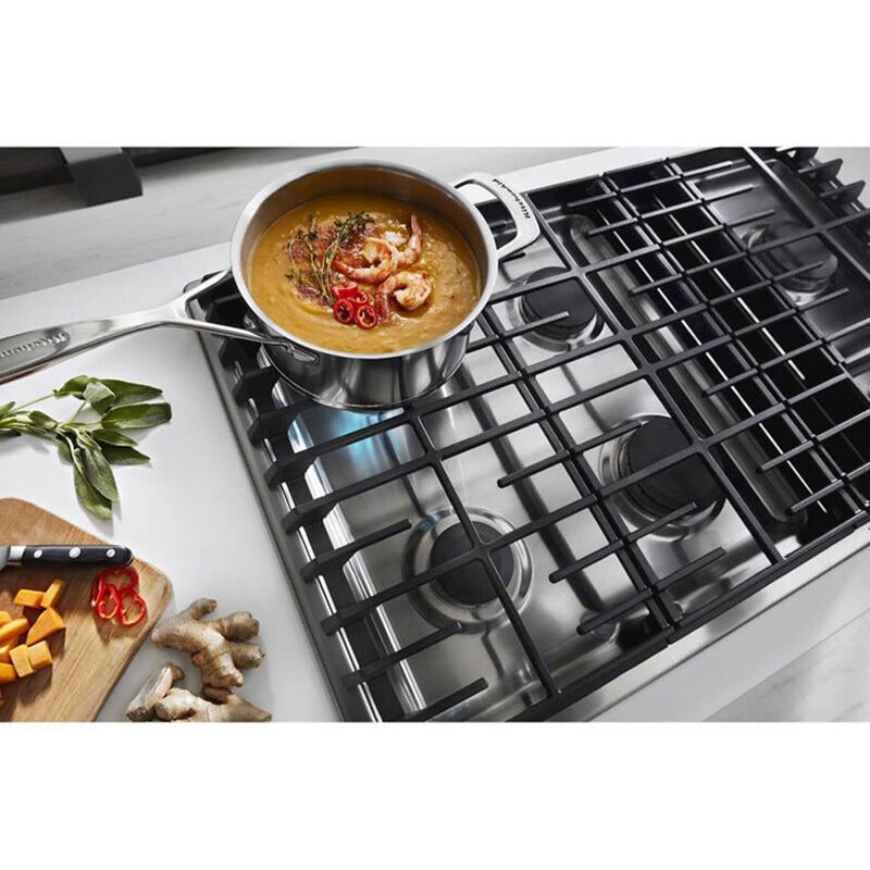KitchenAid 36 in. 5 Burner Natural Gas Cooktop with Downdraft Simmer Burner Power Burner Stainless Steel P.C. Richard Son