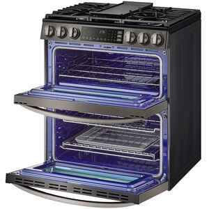LG InstaView 30 in. 6.9 cu. ft. Smart Air Fry True European Convection Double Oven Slide-In Gas Range with 5 Sealed Burners & Griddle - PrintProof Black Stainless Steel, PrintProof Black Stainless Steel, hires