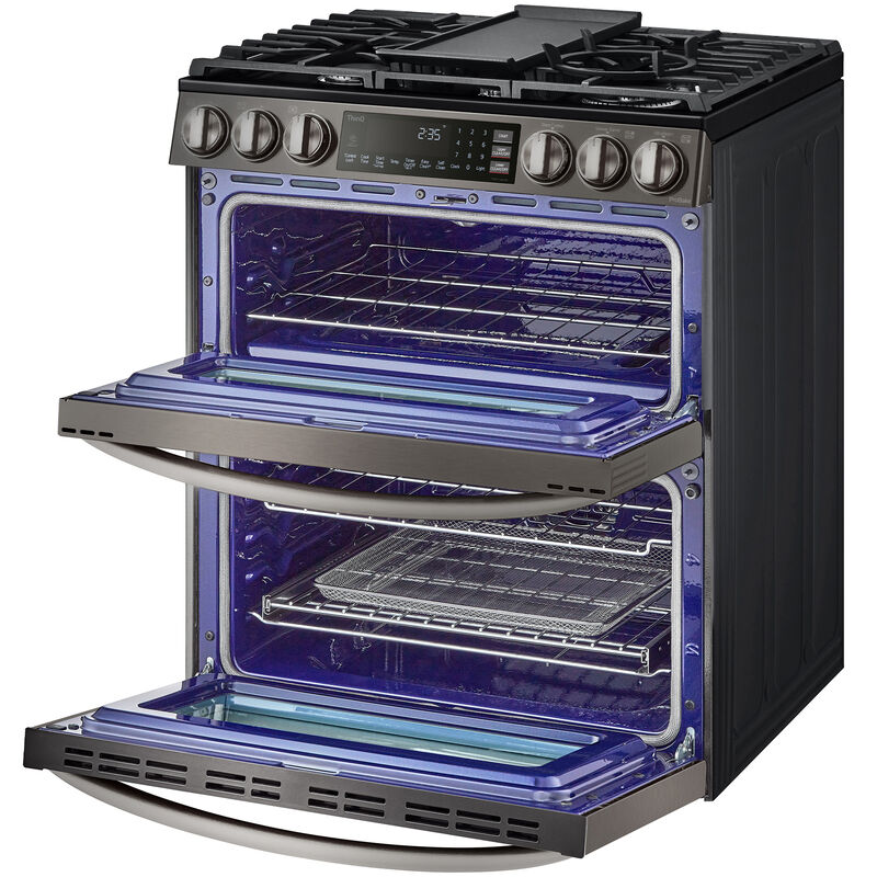LG InstaView 30 in. 6.9 cu. ft. Smart Air Fry True European Convection Double Oven Slide-In Gas Range with 5 Sealed Burners & Griddle - PrintProof Black Stainless Steel, PrintProof Black Stainless Steel, hires
