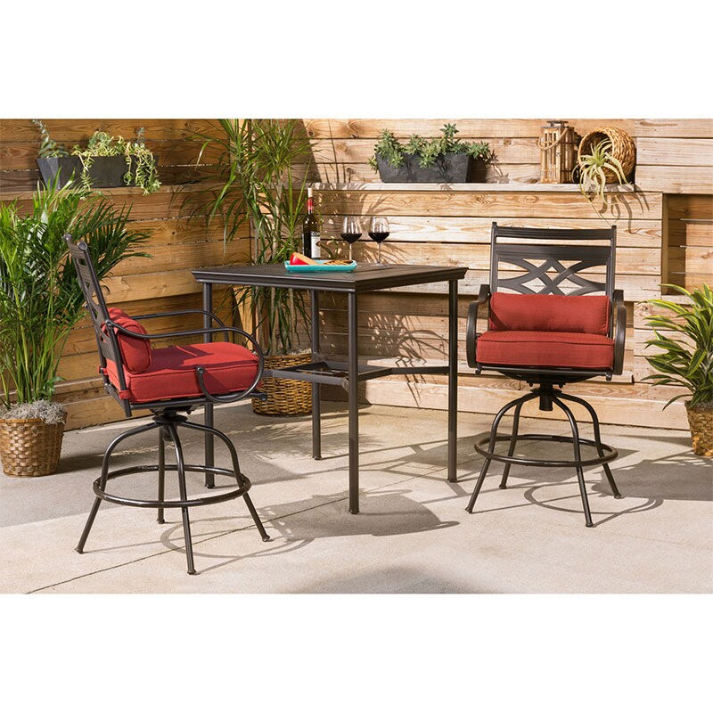 Hanover Montclair 3-Piece High-Dining Set in Chili Red with 2 Swivel Chairs and a 33-Inch Square Table - Chile Red/Brown, , hires