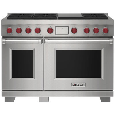 Wolf 48 in. 7.8 cu. ft. Smart Convection Double Oven Freestanding LP Gas Dual Fuel Range with 6 Sealed Burners & Griddle - Stainless Steel | DF48650GSPLP