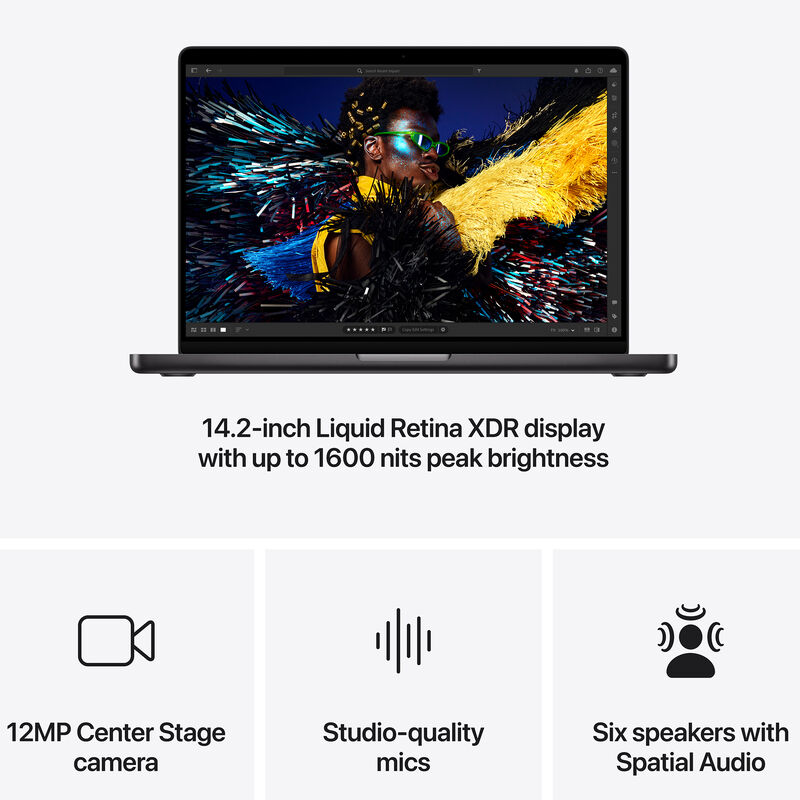 Apple MacBook Pro (2024) 14.2 in. Notebook with Apple Intelligence, Apple M4 10-Core CPU, 10-Core GPU, 16 GB RAM, 1 TB SSD, up to 24 Hrs. of Battery Life & Mac OS - Space Black, , hires