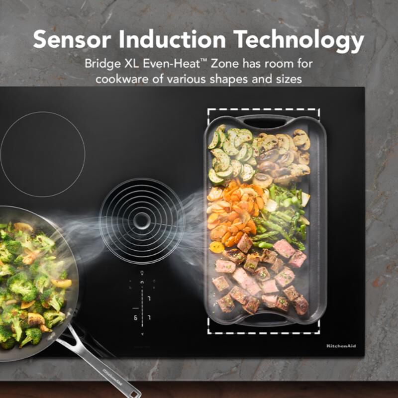 KitchenAid 36 in. 4-Burner Induction Cooktop with Bridge XL Even-Heat Zone, Downdraft, Simmer & Power Burner - Black, , hires