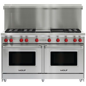 Wolf 60 in. 8.8 cu. ft. Standard Convection Double Oven Gas Range with 6 Sealed Burners, Grill & Griddle - Stainless Steel, , hires