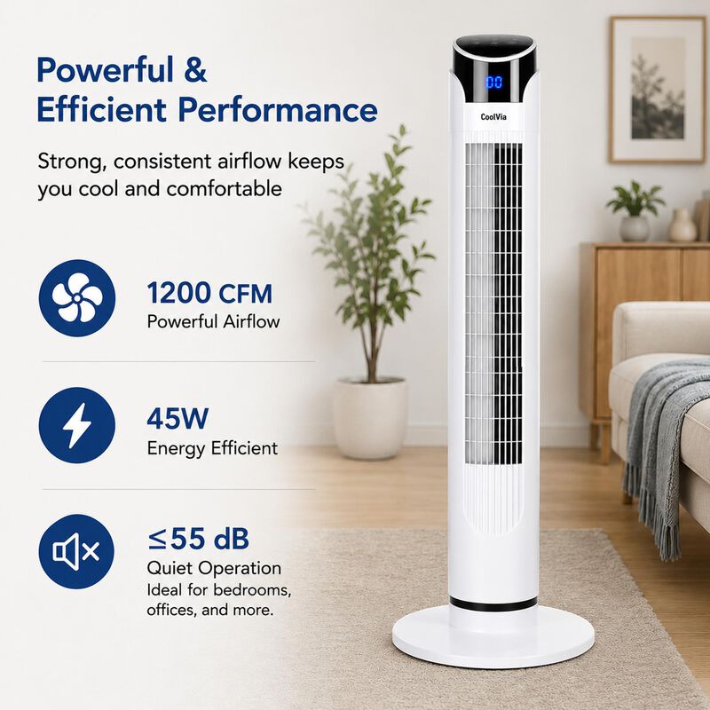 CoolVia 40 in. Oscillating Tower Fan with 3 Speed Settings & Remote Control - White, , hires