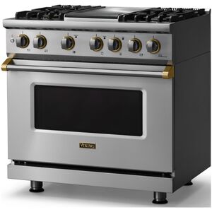 Viking 5 Series 36 in. 5.6 cu. ft. True European Convection Dual Fuel Range with 4 Sealed Burners & Griddle - Stainless Steel, , hires