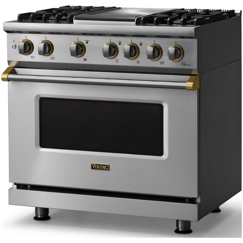 Viking 5 Series 36 in. 5.6 cu. ft. True European Convection Dual Fuel Range with 4 Sealed Burners & Griddle - Stainless Steel, , hires