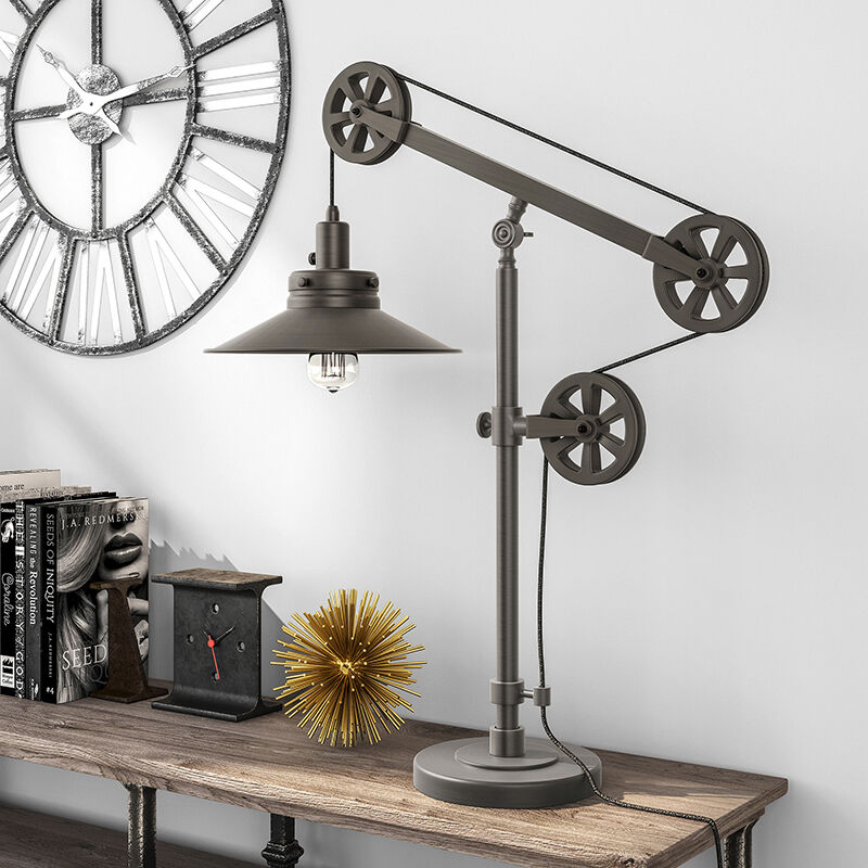 Hudson & Canal Descartes Aged Steel Wide Brim Table Lamp, Pulley System - Aged Steel, , hires