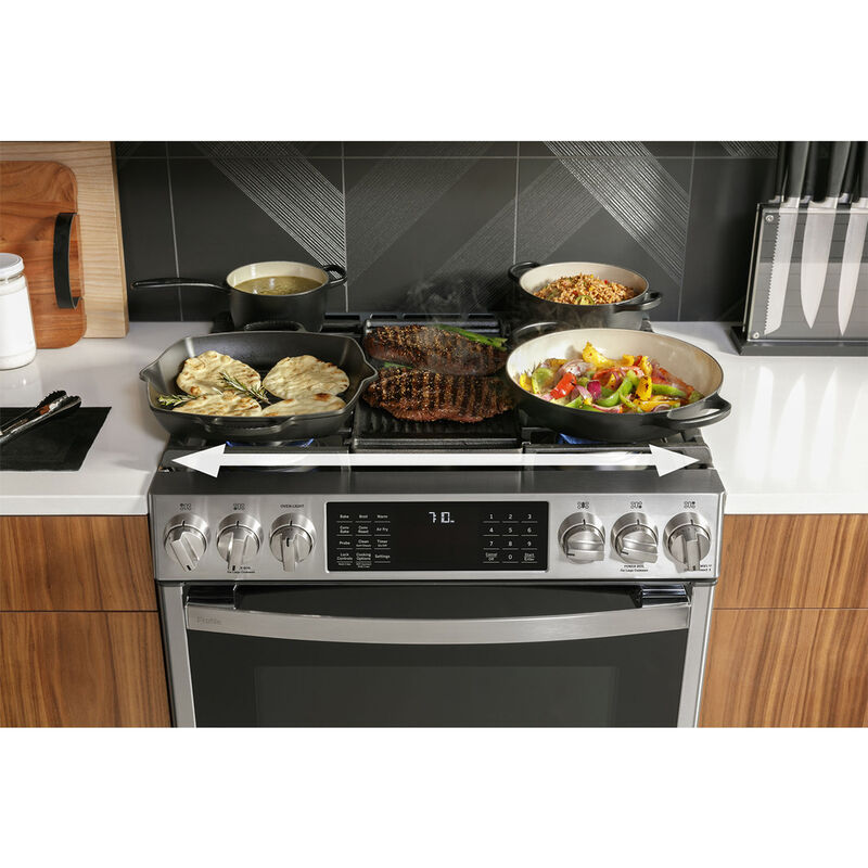 GE Profile 30 in. 5.6 cu. ft. Smart Air Fry True European Convection Slide-In Gas Range with 5 Sealed Burners, Grill & Griddle - Stainless Steel, , hires