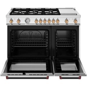 Bertazzoni Master Series 48 in. 7.1 cu. ft. Dual Convection Double Oven Gas Range with 6 Sealed Burners & Griddle - Matte White with Brushed Gold Accents, , hires