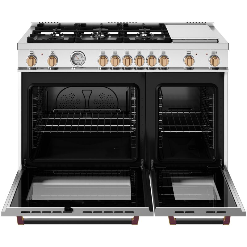 Bertazzoni Master Series 48 in. 7.1 cu. ft. Dual Convection Double Oven Gas Range with 6 Sealed Burners & Griddle - Matte White with Brushed Gold Accents, , hires
