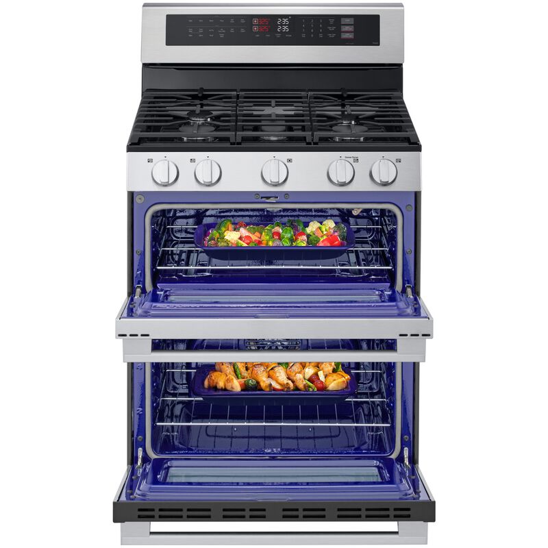 LG 30 in. 6.9 cu. ft. Smart Air-Fry True European Convection Double Oven Slide-In Gas Range with 5 Sealed Burners - Stainless Steel, , hires