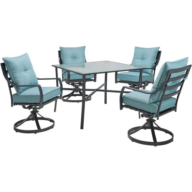 Hanover Lavallette 5-Piece Dining Set with 4 Swivel Rockers and a 42-In. Square Glass-Top Table - Blue, , hires