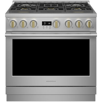 Monogram 36 in. 5.8 cu. ft. Smart Air Fry Convection Oven Freestanding Dual Fuel Range with 6 Sealed Burners - Stainless Steel | ZDP366NTSS