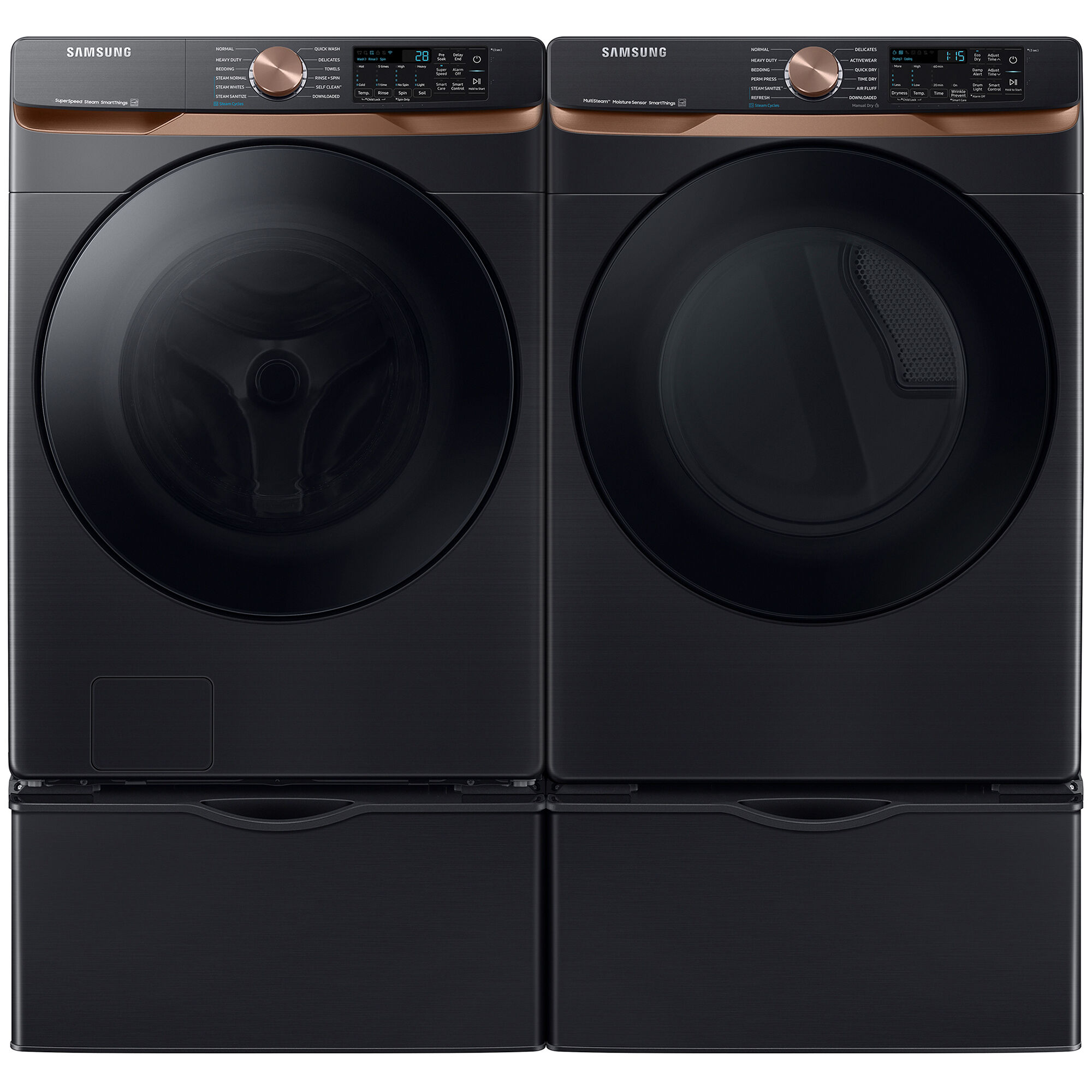 Smart front load washer & dryer set top with super speed and steam sanitize+ in champagne