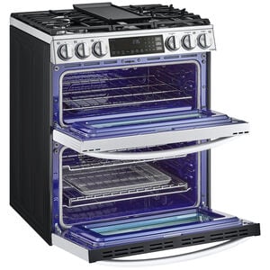 LG 30 in. 6.9 cu. ft. Smart Air Fry True European Convection Double Oven Slide-In Gas Range with 5 Sealed Burners & Griddle - PrintProof Stainless Steel, PrintProof Stainless Steel, hires