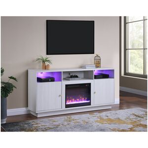 Lilola Ambrose 70"W White Walnut Finish Fireplace TV Stand Console with Heater, LED Light, Cabinets, Shelves, , hires