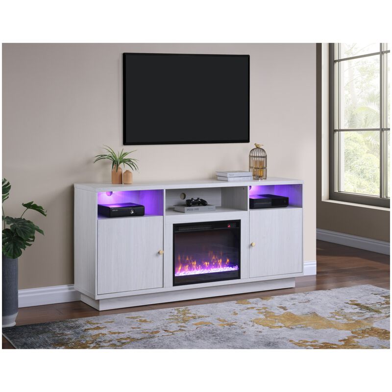 Lilola Ambrose 70"W White Walnut Finish Fireplace TV Stand Console with Heater, LED Light, Cabinets, Shelves, , hires