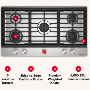 KitchenAid 36 in. 5-Burner Natural Gas Cooktop with Simmer Burner & Power Burner - Stainless Steel, , hires