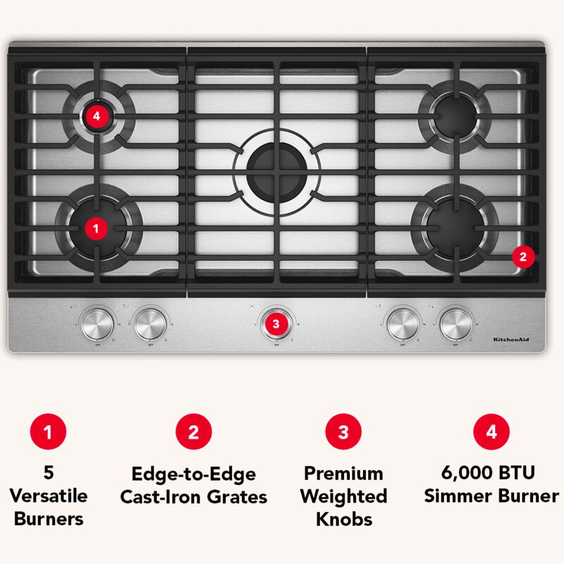 KitchenAid 36 in. 5-Burner Natural Gas Cooktop with Simmer Burner & Power Burner - Stainless Steel, , hires