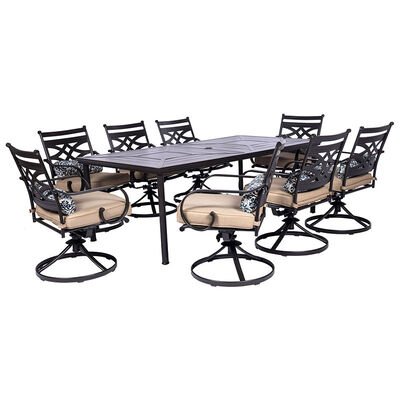 Hanover Montclair 9-Piece Dining Set with 8 Swivel Rockers and a 42" x 84" Table - Tan/Brown | MCLRDN9PC42T