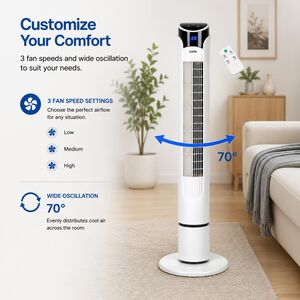CoolVia 40 in. Oscillating Tower Fan with 3 Speed Settings & Remote Control - White, , hires