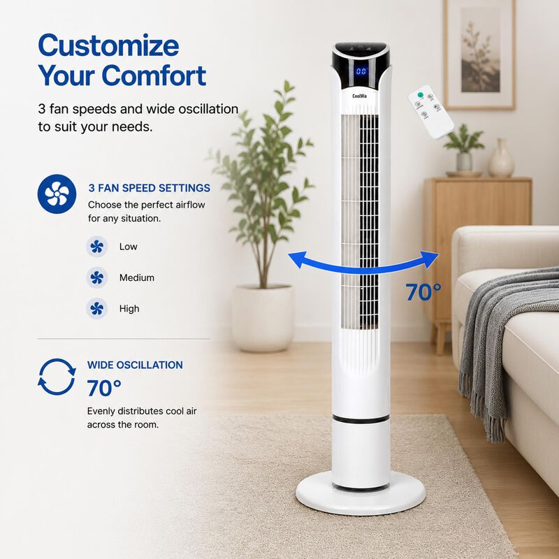 CoolVia 40 in. Oscillating Tower Fan with 3 Speed Settings & Remote Control - White, , hires