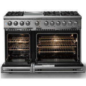 Viking 5 Series 48 in. 7.3 cu. ft. True European Convection Double Oven Dual Fuel Range with 6 Sealed Burners & Griddle - Stainless Steel - Liquid Propane Gas, Polished Chrome Trim Option, , hires
