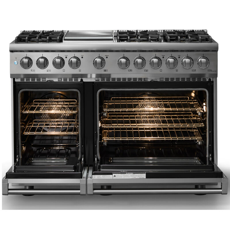 Viking 5 Series 48 in. 7.3 cu. ft. True European Convection Double Oven Dual Fuel Range with 6 Sealed Burners & Griddle - Stainless Steel - Liquid Propane Gas, Polished Chrome Trim Option, , hires