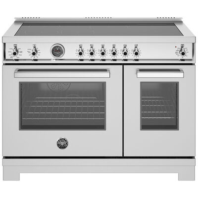 Bertazzoni Professional Series 48 in. 7 cu. ft. Air Fry Dual Convection Double Oven Electric Range with 6 Induction Burners & Griddle - Stainless Steel | PR486IGFEPXT